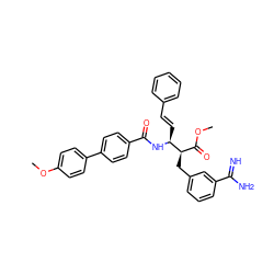 COC(=O)[C@@H](Cc1cccc(C(=N)N)c1)[C@H](/C=C/c1ccccc1)NC(=O)c1ccc(-c2ccc(OC)cc2)cc1 ZINC000027520005