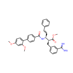 COC(=O)[C@@H](Cc1cccc(C(=N)N)c1)[C@H](/C=C/c1ccccc1)NC(=O)c1ccc(-c2ccc(OC)cc2OC)cc1 ZINC000027520001