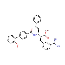 COC(=O)[C@@H](Cc1cccc(C(=N)N)c1)[C@H](/C=C/c1ccccc1)NC(=O)c1ccc(-c2ccccc2OC)cc1 ZINC000027519294