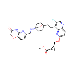 COC(=O)[C@@H]1C[C@@H]1COc1ccc2ncc(F)c(CCC34CCC(NCc5ccc6c(n5)NC(=O)CO6)(CC3)CO4)c2n1 ZINC000222939911