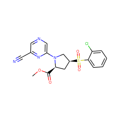 COC(=O)[C@@H]1C[C@H](S(=O)(=O)c2ccccc2Cl)CN1c1cncc(C#N)n1 ZINC000096172346