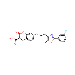 COC(=O)[C@@H]1Cc2ccc(OCCc3nc(-c4cccc(F)c4)oc3C)cc2OC1=O ZINC000040918795