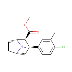 COC(=O)[C@H]1[C@@H](c2ccc(Cl)c(C)c2)C[C@@H]2CC[C@H]1N2C ZINC000003941518