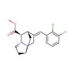 COC(=O)[C@H]1[C@H]2C[C@H]3CC[C@H]1N3C/C2=C\c1cccc(Cl)c1Cl ZINC000253704893