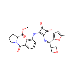 COC(=O)[C@H]1CCCN1C(=O)c1cccc(Nc2c(N[C@@H](c3ccc(C)o3)C3(C)COC3)c(=O)c2=O)c1O ZINC000207347519