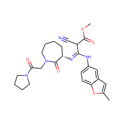 COC(=O)C(C#N)/C(=N\[C@H]1CCCCN(CC(=O)N2CCCC2)C1=O)Nc1ccc2oc(C)cc2c1 ZINC000101060720