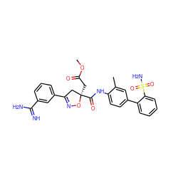 COC(=O)C[C@@]1(C(=O)Nc2ccc(-c3ccccc3S(N)(=O)=O)cc2C)CC(c2cccc(C(=N)N)c2)=NO1 ZINC000026654710