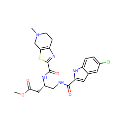 COC(=O)C[C@@H](CNC(=O)c1cc2cc(Cl)ccc2[nH]1)NC(=O)c1nc2c(s1)CN(C)CC2 ZINC000071297003