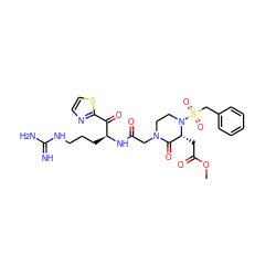 COC(=O)C[C@@H]1C(=O)N(CC(=O)N[C@@H](CCCNC(=N)N)C(=O)c2nccs2)CCN1S(=O)(=O)Cc1ccccc1 ZINC000027763665