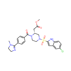 COC(=O)C[C@@H]1CN(S(=O)(=O)c2cc3cc(Cl)ccc3[nH]2)CCN1C(=O)c1ccc(C2=NCCN2C)cc1 ZINC000026178930