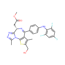 COC(=O)C[C@@H]1N=C(c2ccc(Nc3c(F)cc(F)cc3F)cc2)c2c(sc(CO)c2C)-n2c(C)nnc21 ZINC000145809832