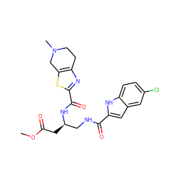 COC(=O)C[C@H](CNC(=O)c1cc2cc(Cl)ccc2[nH]1)NC(=O)c1nc2c(s1)CN(C)CC2 ZINC000071329912