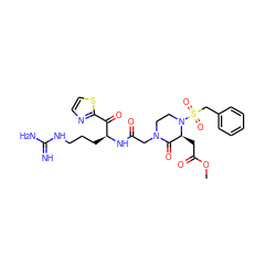 COC(=O)C[C@H]1C(=O)N(CC(=O)N[C@@H](CCCNC(=N)N)C(=O)c2nccs2)CCN1S(=O)(=O)Cc1ccccc1 ZINC000027855603