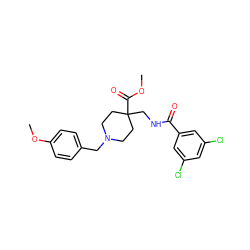 COC(=O)C1(CNC(=O)c2cc(Cl)cc(Cl)c2)CCN(Cc2ccc(OC)cc2)CC1 ZINC000072124435