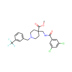 COC(=O)C1(CNC(=O)c2cc(Cl)cc(Cl)c2)CCN(Cc2cccc(C(F)(F)F)c2)CC1 ZINC000072123002