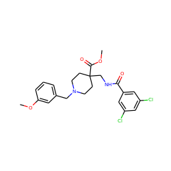 COC(=O)C1(CNC(=O)c2cc(Cl)cc(Cl)c2)CCN(Cc2cccc(OC)c2)CC1 ZINC000072124333