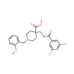 COC(=O)C1(CNC(=O)c2cc(Cl)cc(Cl)c2)CCN(Cc2ccccc2OC)CC1 ZINC000072124524