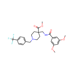 COC(=O)C1(CNC(=O)c2cc(OC)cc(OC)c2)CCN(Cc2ccc(C(F)(F)F)cc2)CC1 ZINC000072125795