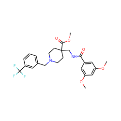 COC(=O)C1(CNC(=O)c2cc(OC)cc(OC)c2)CCN(Cc2cccc(C(F)(F)F)c2)CC1 ZINC000072125794