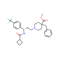 COC(=O)C1(Cc2ccccc2)CCN(CC[C@H](NC(=O)C2CCC2)c2ccc(C(F)(F)F)cc2)CC1 ZINC000053294586