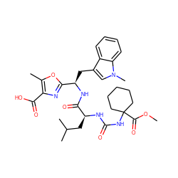 COC(=O)C1(NC(=O)N[C@@H](CC(C)C)C(=O)N[C@H](Cc2cn(C)c3ccccc23)c2nc(C(=O)O)c(C)o2)CCCCC1 ZINC000028100375