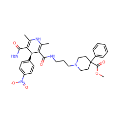 COC(=O)C1(c2ccccc2)CCN(CCCNC(=O)C2=C(C)NC(C)=C(C(N)=O)[C@@H]2c2ccc([N+](=O)[O-])cc2)CC1 ZINC000027526559