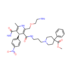 COC(=O)C1(c2ccccc2)CCN(CCCNC(=O)C2=C(COCCN)NC(C)=C(C(N)=O)[C@@H]2c2ccc([N+](=O)[O-])cc2)CC1 ZINC000026725176