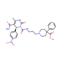 COC(=O)C1(c2ccccc2)CCN(CCCNC(=O)N2C(=O)NC(C)=C(C(N)=O)[C@@H]2c2ccc([N+](=O)[O-])cc2)CC1 ZINC000027527261