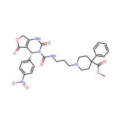 COC(=O)C1(c2ccccc2)CCN(CCCNC(=O)N2C(=O)NC3=C(C(=O)OC3)[C@H]2c2ccc([N+](=O)[O-])cc2)CC1 ZINC000100844358