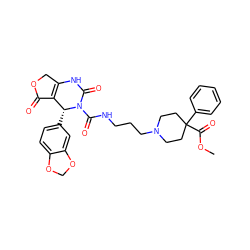 COC(=O)C1(c2ccccc2)CCN(CCCNC(=O)N2C(=O)NC3=C(C(=O)OC3)[C@H]2c2ccc3c(c2)OCO3)CC1 ZINC000100844365