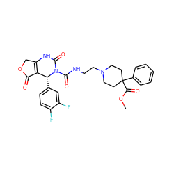 COC(=O)C1(c2ccccc2)CCN(CCNC(=O)N2C(=O)NC3=C(C(=O)OC3)[C@H]2c2ccc(F)c(F)c2)CC1 ZINC000100844342