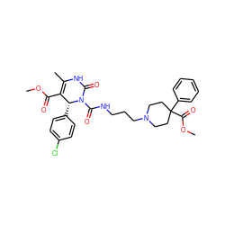 COC(=O)C1=C(C)NC(=O)N(C(=O)NCCCN2CCC(C(=O)OC)(c3ccccc3)CC2)[C@@H]1c1ccc(Cl)cc1 ZINC000027527232