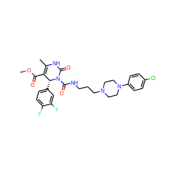 COC(=O)C1=C(C)NC(=O)N(C(=O)NCCCN2CCN(c3ccc(Cl)cc3)CC2)[C@@H]1c1ccc(F)c(F)c1 ZINC000027526285