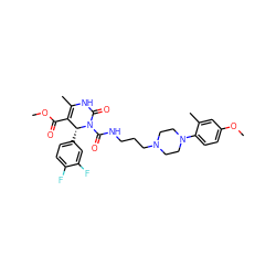 COC(=O)C1=C(C)NC(=O)N(C(=O)NCCCN2CCN(c3ccc(OC)cc3C)CC2)[C@@H]1c1ccc(F)c(F)c1 ZINC000027527199