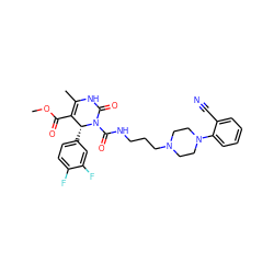 COC(=O)C1=C(C)NC(=O)N(C(=O)NCCCN2CCN(c3ccccc3C#N)CC2)[C@@H]1c1ccc(F)c(F)c1 ZINC000027527164