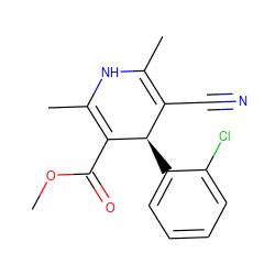 COC(=O)C1=C(C)NC(C)=C(C#N)[C@H]1c1ccccc1Cl ZINC000058576415