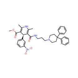 COC(=O)C1=C(C)NC(C)=C(C(=O)NCCCN2CCC(c3ccccc3)(c3ccccc3)CC2)[C@H]1c1cccc([N+](=O)[O-])c1 ZINC000299868002