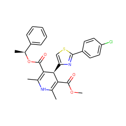 COC(=O)C1=C(C)NC(C)=C(C(=O)O[C@@H](C)c2ccccc2)[C@H]1c1csc(-c2ccc(Cl)cc2)n1 ZINC000103273244