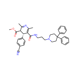 COC(=O)C1C(C)=NC(C)=C(C(=O)NCCCN2CCC(c3ccccc3)(c3ccccc3)CC2)[C@@H]1c1ccc(C#N)cc1 ZINC000026578351