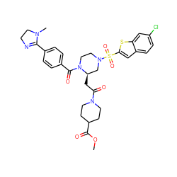 COC(=O)C1CCN(C(=O)C[C@@H]2CN(S(=O)(=O)c3cc4ccc(Cl)cc4s3)CCN2C(=O)c2ccc(C3=NCCN3C)cc2)CC1 ZINC000026181577