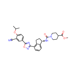 COC(=O)C1CCN(C(=O)N[C@@H]2CCc3c(-c4noc(-c5ccc(OC(C)C)c(C#N)c5)n4)cccc32)CC1 ZINC000202711970