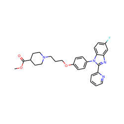 COC(=O)C1CCN(CCCOc2ccc(-n3c(-c4ccccn4)nc4cc(F)ccc43)cc2)CC1 ZINC000040975424