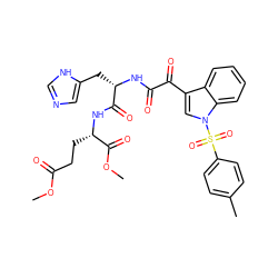 COC(=O)CC[C@H](NC(=O)[C@H](Cc1cnc[nH]1)NC(=O)C(=O)c1cn(S(=O)(=O)c2ccc(C)cc2)c2ccccc12)C(=O)OC ZINC000473113914