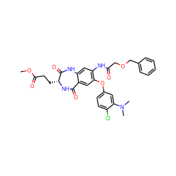 COC(=O)CC[C@H]1NC(=O)c2cc(Oc3ccc(Cl)c(N(C)C)c3)c(NC(=O)COCc3ccccc3)cc2NC1=O ZINC001772632973