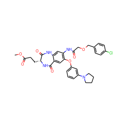 COC(=O)CC[C@H]1NC(=O)c2cc(Oc3cccc(N4CCCC4)c3)c(NC(=O)COCc3ccc(Cl)cc3)cc2NC1=O ZINC001772583881