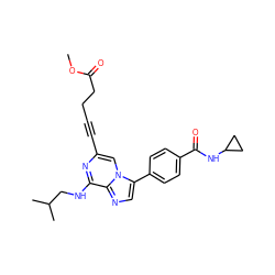 COC(=O)CCC#Cc1cn2c(-c3ccc(C(=O)NC4CC4)cc3)cnc2c(NCC(C)C)n1 ZINC001772626691