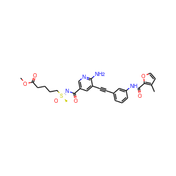 COC(=O)CCCC[S@@](C)(=O)=NC(=O)c1cnc(N)c(C#Cc2cccc(NC(=O)c3occc3C)c2)c1 ZINC001772624136