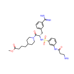 COC(=O)CCCC1CCN(C(=O)[C@H](Cc2cccc(C(=N)N)c2)NS(=O)(=O)c2cccc(NC(=O)CCN)c2)CC1 ZINC000049888729