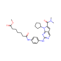 COC(=O)CCCCCC(=O)Nc1ccc(Nc2ncc3cc(C(=O)N(C)C)n(C4CCCC4)c3n2)cc1 ZINC001772583437