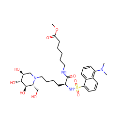 COC(=O)CCCCCNC(=O)[C@H](CCCCN1C[C@H](O)[C@@H](O)[C@H](O)[C@H]1CO)NS(=O)(=O)c1cccc2c(N(C)C)cccc12 ZINC000029126878